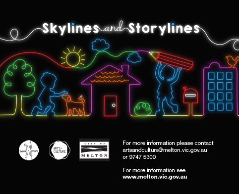 A colourful outlike of some childrens drawings set against a black background with the heading Skylines and Storylines